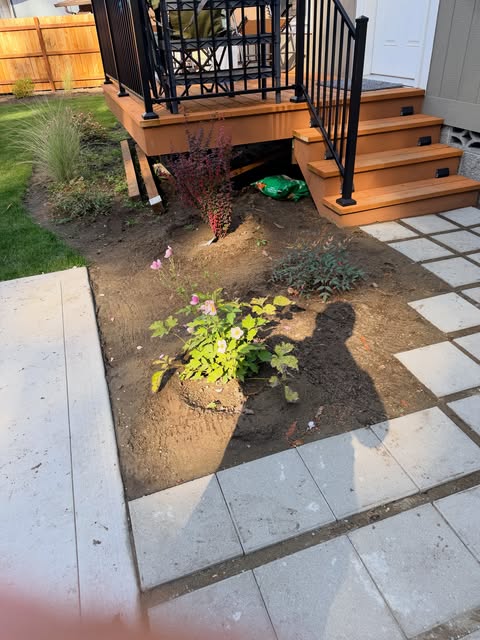 Fresh planting bed with grasses and flowers beside new deck steps and pavers
